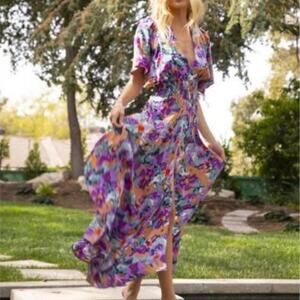 Nightcap Clothing Plum Rose Asymmetrical Skirt Kimono Maxi Dress Size M Coquette